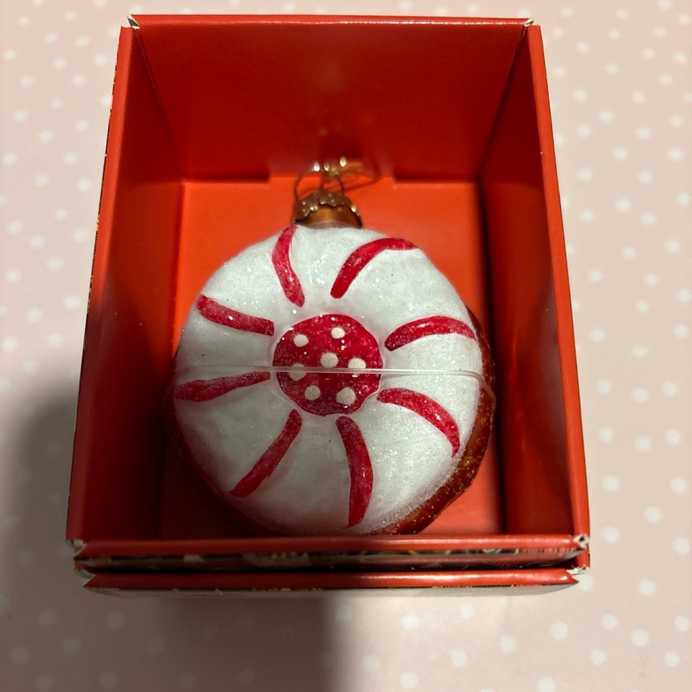 John Derian Red White Cookie Glass Christmas Tree Ornament w/ Box Peppermint